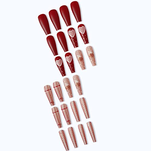 Yosommk Christmas Press On Nails Long With Heart Designs Pink+Red And White Coffin False Fake Nails Gift Artificial Nails For Women Stick On Nails With Glue On Static Nails #TOP3