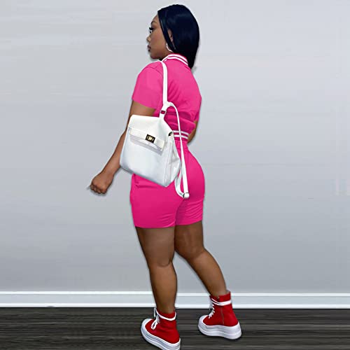 Kelovepan 2 Piece Sweatsuits For Women Sweatsuits Patchwork Tracksuits Short Sleeve Button Down Crop Bomber Varsity Jacket Pant Set Rose Red M #TOP2