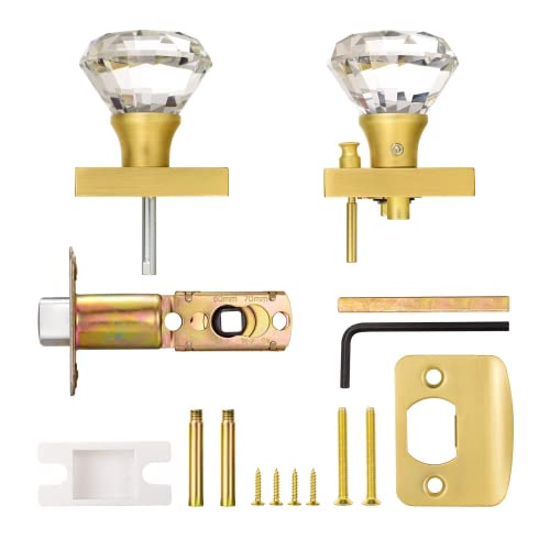 Hiemey Square Glass Crystal Interior, Bedroom And Bathroom Privacy Gold Door Knobs With Lock, Satin Brass Door Knobs Set, Diamond Shape Keyless, Bs-007 #TOP5