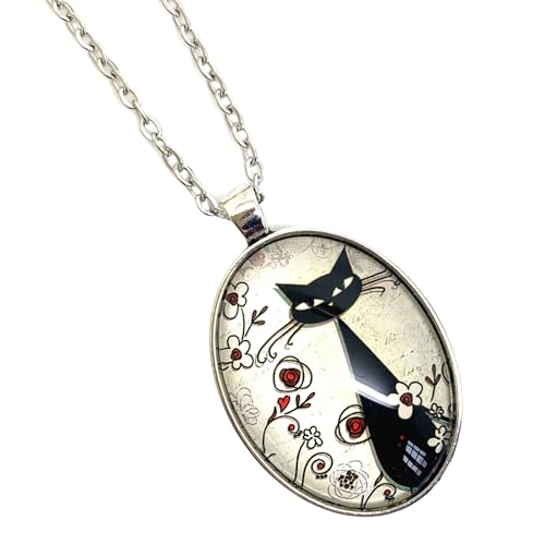 Collier fantaisie pour femme, cabochon en verre, sautoir illustré bronze, vintage, rétro, original, parure « Le chat parmi les fleurs », noir, rouge, beige, argenté (ref.33a)