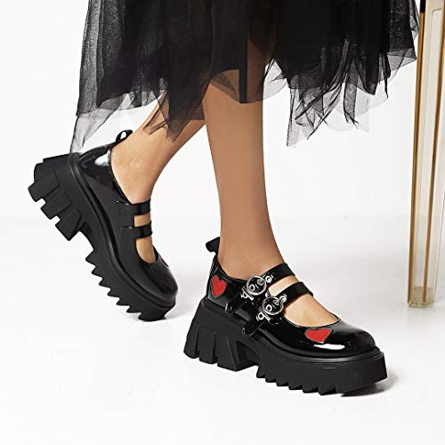 Image of Women's Platform Mary Janes Heart Cat Buckle Rivets Ankle Lolita Gothic Princess Platform Pumps Patent Leather Thorn Vintage Traditional Embroidery Upper Dress Shoes