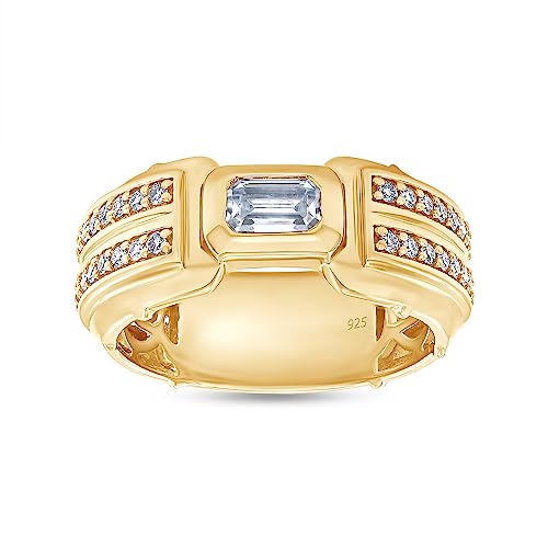 Wishrocks 2/3 CT Center 5X3MM Emerald & Round Cut Moissanite Men's Double Row Wedding Band Ring In 14K Yellow Gold Over Sterling Silver Gift For Men(VVS1 Clarity, 0.66 Cttw)-14