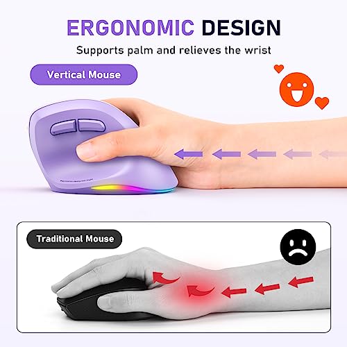 Image of MEETION Ergonomic Wireless Mouse, Bluetooth Vertical Mouse with RGB, Purple | Bluetooth 5.2 /3.0 and USB-A, Comfortable vertical design, 4 adjustable DPI levels for Mac, Windows, Android, PC and tablets