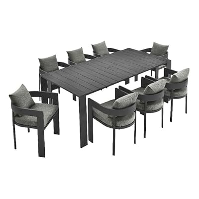 Modway Tahoe Outdoor Patio Powder-Coated Aluminum 9-Piece Dining Set in Gray Gray - Rectangular Patio Furniture Set for 8 - Outside Table with Umbrella Hole and Cushioned Chairs - Modern Patio Set