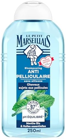 Le Petit Marseillais – Shampooing Anti-Pelliculaire Menthe Bio & Huiles Essentielles (flacon de 250 ml) – Shampoing sans silicone pour cheveux sujets aux pellicules – 97 % d'origine naturelle
