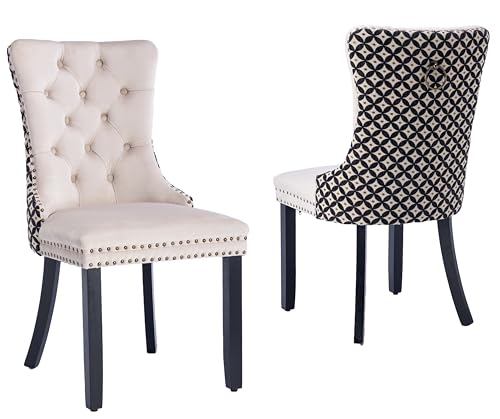 Velvet Dining Chairs Set of 2 Tufted Dining Room Chair with Nailhead Ring Pull Trim Upholstered Dining Chair with Solid Wood Legs for Kitchen Dining Room Beige and Patterned
