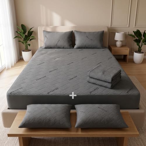 Image of AYKA Combo Pack Waterproof Mattress Protector & 2 Pillow Protectors | Queen 78x60 Inch | 100% Waterproof Charcoal Bed Protector | Breathable, Noiseless Mattress & Pillow Covers | Grey