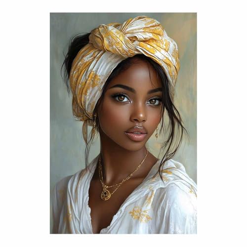 Tableau femme africaine peinture florale jaune 50x70cm