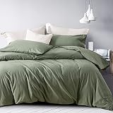 MILDLY 100% Washed Cotton Duvet Cover Queen Size, 3 Pieces Luxury Soft Sage Green Bed Set, Plain Org