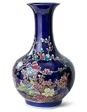 Dahlia Famille Rose Flower Vase, Handmade Chinese Porcelain, Cobalt Blue, Globular Shape 14.5 Inches