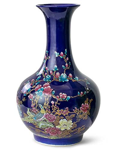 Dahlia Famille Rose Flower Vase, Handmade Chinese Porcelain, Cobalt Blue, Globular Shape 14.5 Inches #TOP15