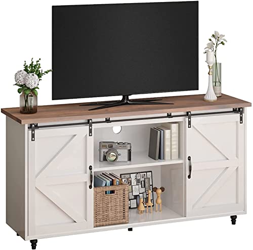 Farmhouse Coffee Bar Cabinet With Sliding Barn Door 58” Buffet Storage Cabinet Kitchen Buffet & Sideboard Cabinets Wood Coffee Bar Table With Shelf For Kitchen Dinning Room Living Room #TOP6
