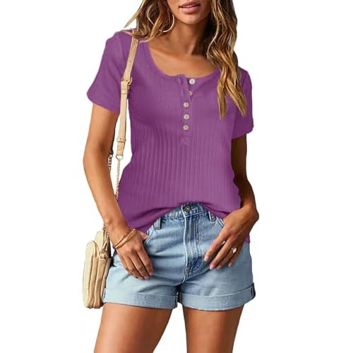 Topstype Short Sleeve Henley Tops for Women Summer T Shirts Trendy Small Purple