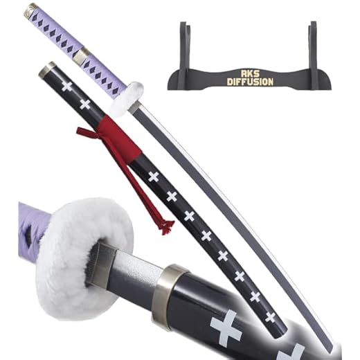 One Piece Katana Tout en Bois Lame en Bois Katana Trafalgar Law Epee Trafalgar Sabre Manche Violet Epee Decoration Cosplay Katana Kikoku + Presentoir en Bois Inclus