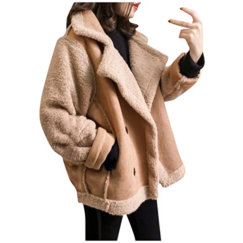 Huankd Women's Fur Jackets, Petite Coat Women's Fur Jackets Casual Puffer Jacket Women, Women's Casual Comfortable Short Lambswool Biker Jacket Women's Trench Coats Warm (L, Khaki) #TOP22