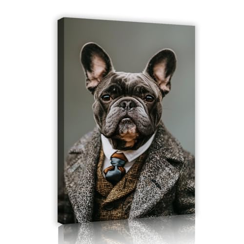 Peinture bouledogue français vintage avec cadre en bois stable 35x52cm