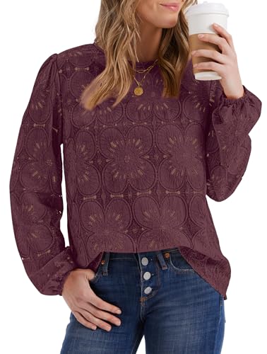 Image of OFEEFAN Blouses for Women Dressy Casual Spring Tops 2026 Summer Outfits Flower Lace Crochet Long Sleeve Shirts
