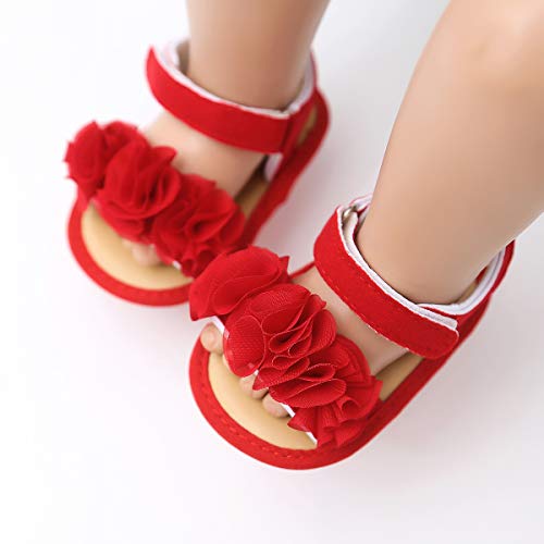 Ohwawadi Baby Girl Red Sandals Mary Jane Flats Bowknot Floral Princess Wedding Dress Shoes With Flower Headband,Summer Girl Shoes For Newborns, Infants, Babies #TOP1