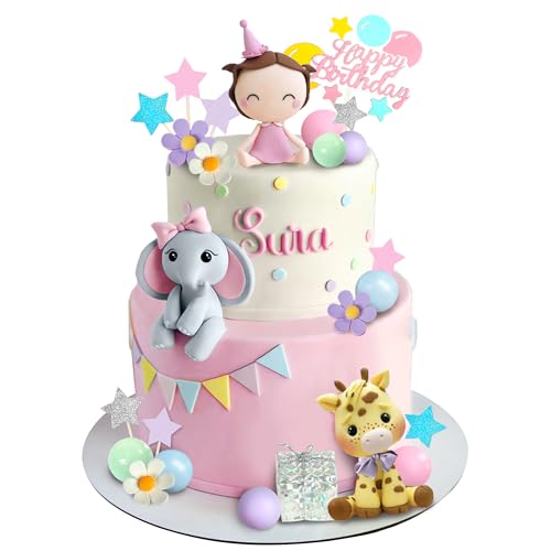 Baby Shower Cake Topper with Cute Girl Daisy Pearl Balls Stars Elephant Giraffe for Baby Shower Girl Elephant Theme Birthday Party Supplies