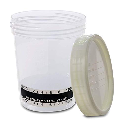 One Step Sterile Specimen Cups with Lids & Temperature Strip, 4 Pack, 4oz Transparent Urine Collection Cup, Leak-Resistant Screw-On Lids, 3-inch Jars, Secure Collection of Pee, Stool, Semen Samples