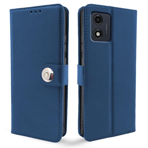 Image of Pikkme Motorola Moto E13 Flip Cover Leather Finish | Inside TPU with Card Pockets | Wallet Stand and Shock Proof | Complete Protection Button Flip Case (Blue)