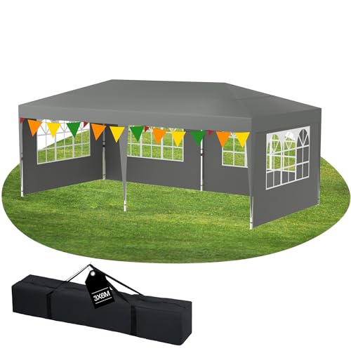 YRHome 3x6m Pavillon mit 6 Seitenwände Höhenverstellbar Wasserdicht Stabil Winterfest Faltpavillon Pop-Up Partyzelt Gartenzelt Gartenpavillon UV Schutz 210D Oxford-Gewebe inkl. Tasche Grau