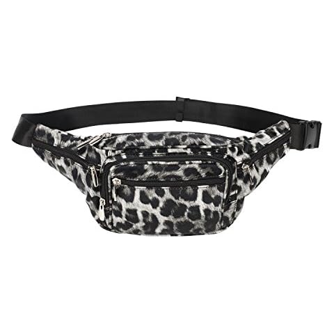 Hearty Trendy Fashion Leopard Print Faux Leather 6 Pockets Fanny Pack Waist Pack -BLACK Cover