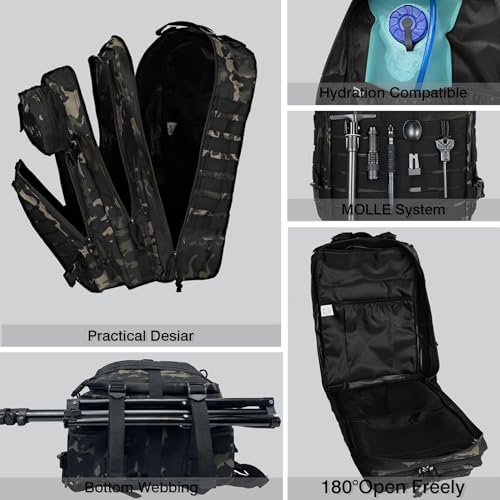 Image of Military Tactical Backpack for Men, 45L 3 Day Assault Pack, Heavy Duty Large Molle Backpack for Outdoor, Hiking, Camping, Camouflage Black