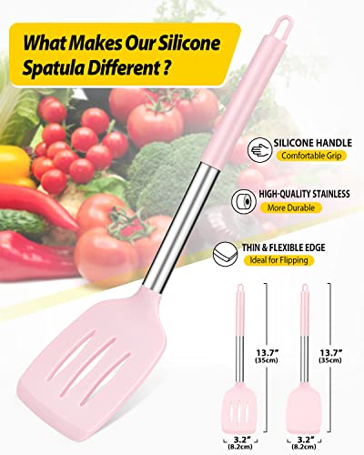 Image of Pack of 2 Silicone Solid Turner, Non Stick Slotted Kitchen Spatulas, High Heat Resistant BPA Free Cooking Utensils, Ideal Cookware for Fish, Eggs, Pancakes(Pink)