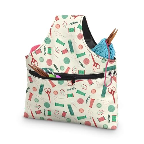 Image of Yarn Bag Portable Crochet Tote Bag Large Canvas Wrist Bag for Crochet and Knitting On The Go, Cute Sewing Print Project Bag Holds Supplies and Needles or Hooks, Easy to Carry