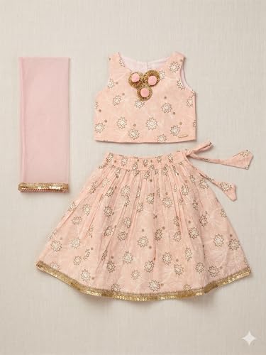 Image of A.T.U.N. (ALL THINGS UBER NICE) Baby Girls Cotton Ethnic Floral Lehenga Choli Set with Lace & Dupatta | Traditional 3-Piece Festive Outfit for Kids