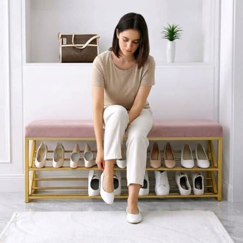 Image of Entryway Shoe Rack with Cushioned Seat, Shoe Bench for Entry, 2 Shelves Storage Bed Bench