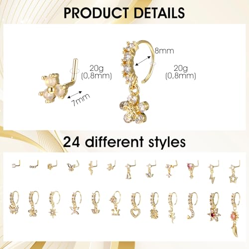 24Pcs Dangle Nose Rings Hoop for Women L Shaped Dangling Nose Stud 20G Dangle Piercing Jewelry2