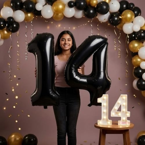 Image of Balloonistics Black 40-Inch Foil Number 14 Balloon with Matching LED Marquee Light - Combo Set for 14th Birthday, Anniversary, Party Decoration, Photo Booth Backdrop