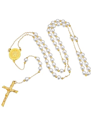 ChainsHouse Stainless Steel Rosary Necklace for Women, Glass Pearl Beads