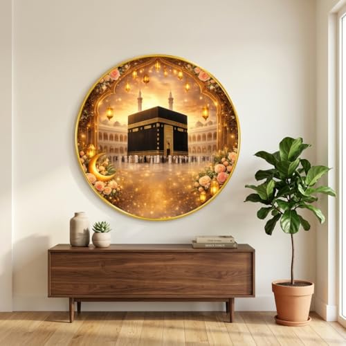 Image of SAF Islamic Kaaba Round Wall Painting with Premium PVC Golden Frame, Makkah Mosque Floral Crescent Design, Muslim Religious Home Decor for Prayer Room (16 x 16 Inch) GRM-425