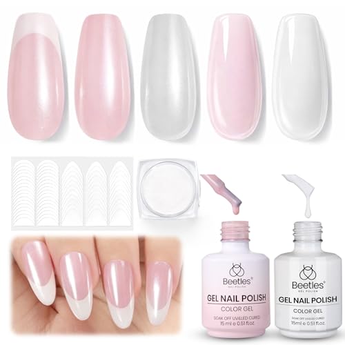 Image of Beetles French Manicure Kit - Pearl Glaze Milky White and Pink Gel Polish with Mirror Powder&French Tip Stickers, UV LED Soak Off Gel for Glazed Donut Nails and French Manicure Look