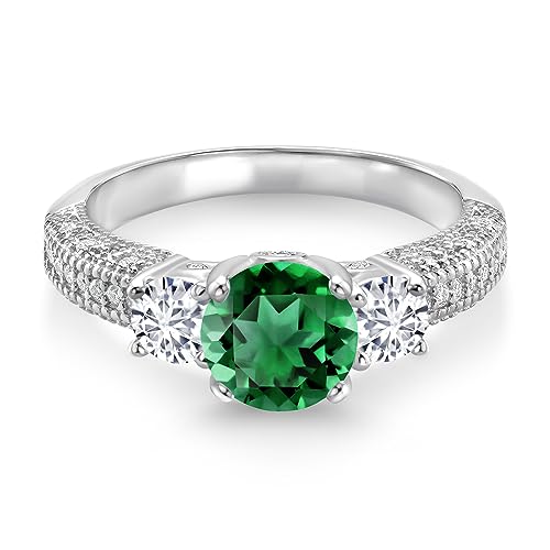Gem Stone King 925 Sterling Silver Green Nano Emerald White Lab Grown Diamond and White Moissanite Engagement Ring For Women (1.84 Cttw, Gemstone May Birthstone, Round 7MM and 4MM)2