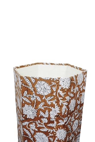 Image of 3.3 Gallon Cotton Hand Block Printed Paper Waste Basket |Small Decorative Trash Can for Housewarming Gifts in Living Room, Bedroom, Bathroom | Eco-Friendly, Plastic-Free (1, Brown White FLOWAR)