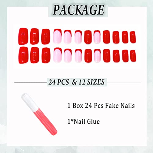 Imsohot 24Pcs French Tip Press On Nails Short Square Red Fake Nails Squoval Glossy Glue On Nails Full Cover Acrylic Nails #TOP3