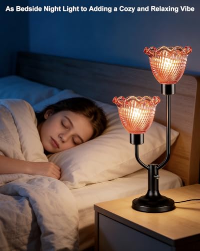 Image of Lightdot Mid Century Modern Table Lamp Dimmable Vintage Red Glass Lamp Gift | Black Desk Lamp 2 Bulbs Included 3000K Warmwhite Nightstand Ambient Bedside Lamps for Bedroom Living Room Home Decor Gift