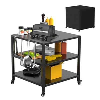 Outspark Outdoor Grill Cart, Pizza Oven Table for Ooni, Blackstone, Ninja Woodfire Grill Stand, Three-Shelf Movable Food Prep and Work Cart Table, Stainless Steel Trolley Table with Waterproof Cover