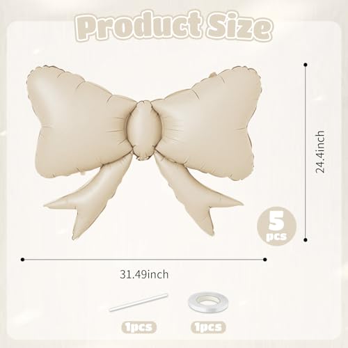 Image of 5pcs White Bow Balloon, Cream White Bows Balloons, Ivory Giant Bow Foil Balloon For Birthday Baby Shower Girls Women Boho Party Wedding Bridal Shower Bachelorette Engagement Graduation Decorations