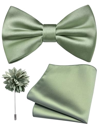 Branduce Sage Green Bow Tie for Men Wedding Solid Satin Silk Bowties Pocket Square and Lapel Pin Brooch Set (BB07-26)