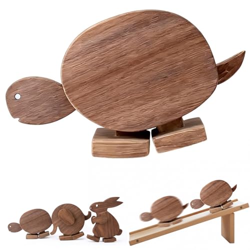 Handmade Walking Wooden Animals, Wooden Walking Animal Figures with Ramp, Educational Rabbit Elephant & Turtle Statue Ornaments, Mechanical Balance Walking Sculpture, Fun Science Gift (Turtle)