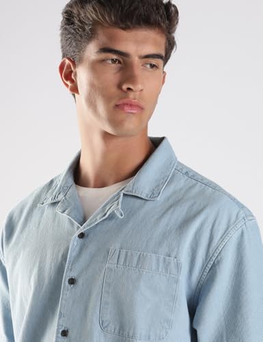 Image of INKD Men's Casual Denim Shirt - 100% Cotton | Half Sleeves | Oversized Fit | Single Patch Pocket | Resort Collar