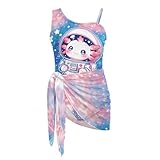 Xsehusvy Girls One Piece Swimsuit with Cover Up Skirt Astronaut Axolotl Adjustable Straps Cut Out Bathing Suit Swimwear Fashion 2 Piece Outfits,Size 17-18