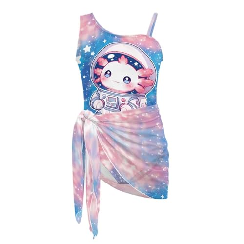Xsehusvy Girls One Piece Swimsuit with Cover Up Skirt Astronaut Axolotl Adjustable Straps Cut Out Bathing Suit Swimwear Fashion 2 Piece Outfits,Size 17-18