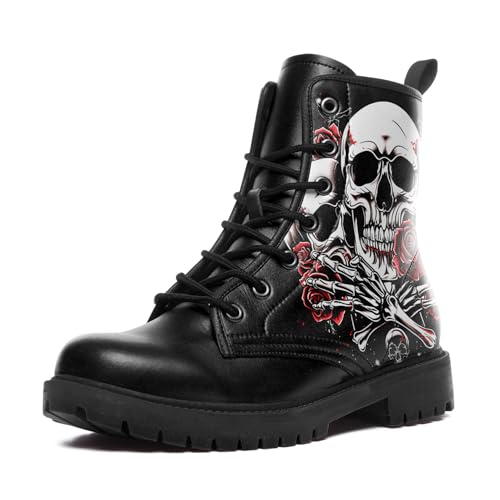 Image of Custom Black Combat Boots for Women Fashion Lace-Up Skull Rose Ankle Booties Chunky Heel Platform Leather Boots