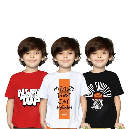 Image of Yazh Texworld Boys Round Neck Blended Cotton T-Shirts | Regular Fit | Half Sleeve | Casual Wear | Trendy | Combo Pack of 3 | Multicolor | Soft, Durable, and Stylish for Everyday use
